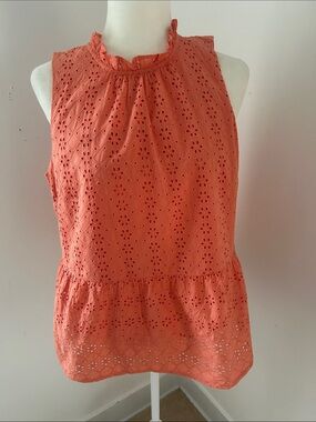 LOFT Pale Orange Cotton Eyelet Ruffled Neck Sleeveless Top sz LP